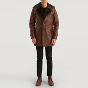 Close-Up Detail of Notch &amp; Button Hardware on Men's Hunter Distressed Brown Fur Leather Coat