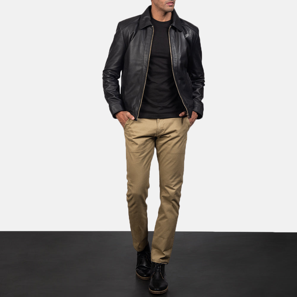 Close-Up Detail of Shirt & Zipper Hardware on Men's Inferno Brown Leather Jacket