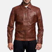 Open hem &amp; Hem Craftsmanship Construction Detail on Men's Inferno Brown Leather Jacket