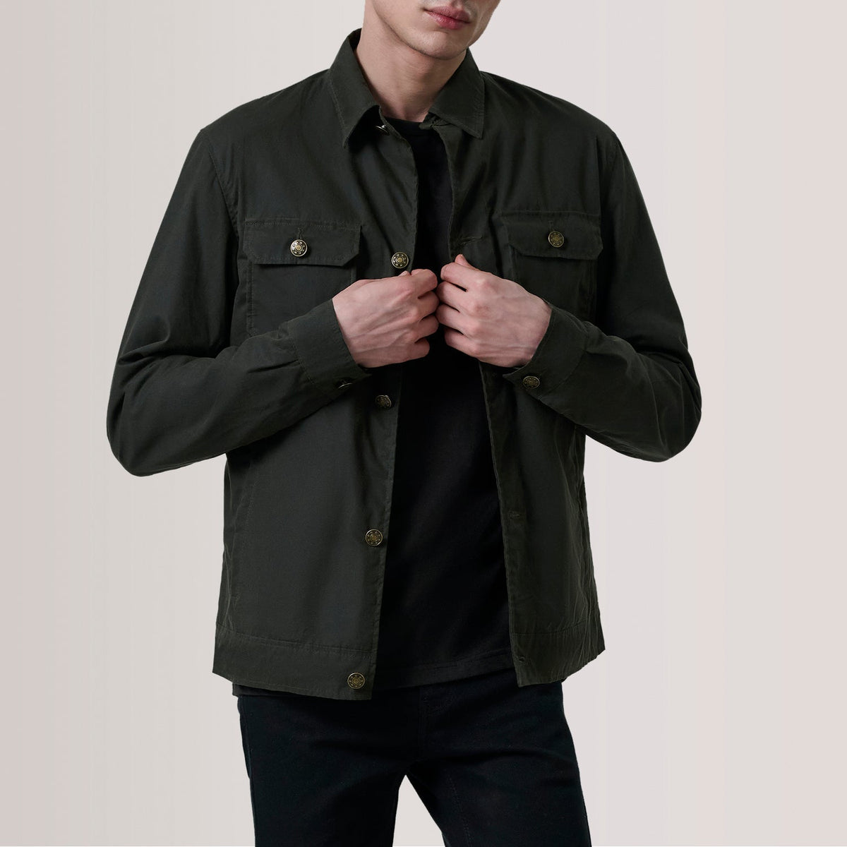 Irwin Olive Waxed Canvas Field Jacket For Men in Olive Waxed Cotton Canvas - Front Profile View &amp; Tailored Silhouette | Buy Online