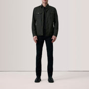 Olive Waxed Cotton Canvas Leather Jacket - Back View Showing Tailored Shoulder Fit &amp; Clean Hemline