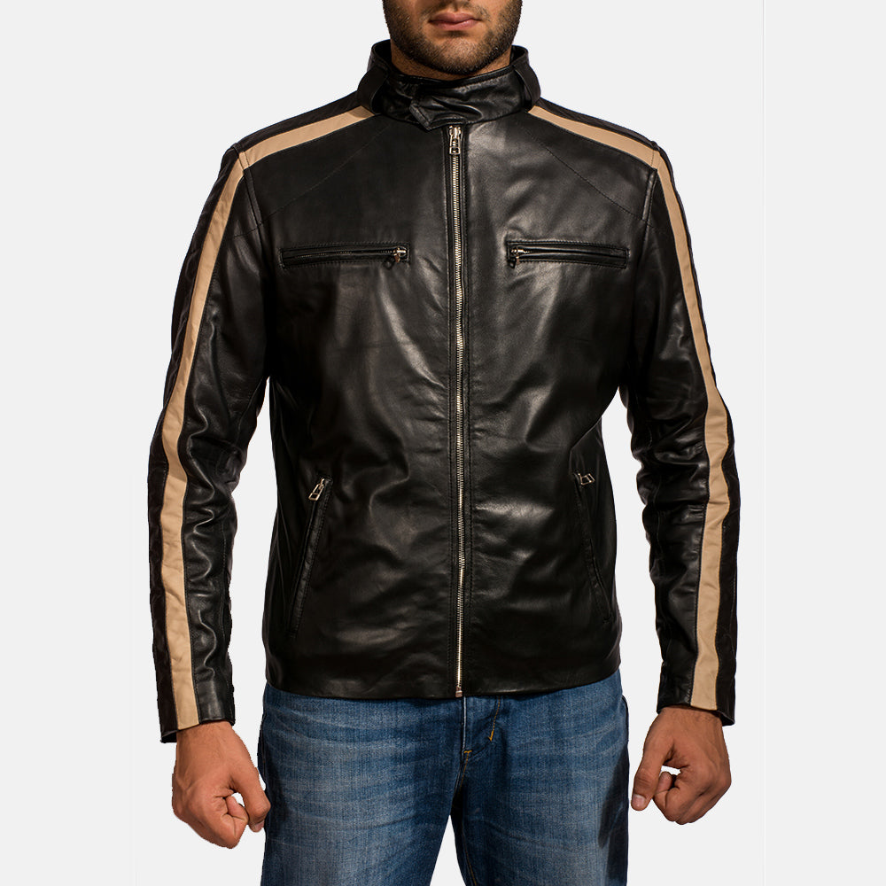 Men's Jack Black Leather Biker Jacket in Black Sheepskin Leather - Front Profile View &amp; Tailored Silhouette | Buy Online
