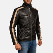 Close-Up Detail of Band with snap button &amp; Zipper Hardware on Men's Jack Black Leather Biker Jacket