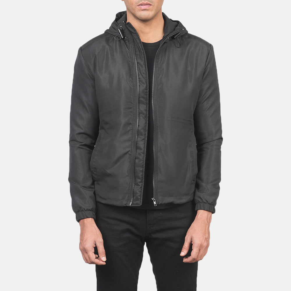 Men's Jimmy Black Hooded Windbreaker Jacket in Black Polyester - Front Profile View & Tailored Silhouette | Buy Online