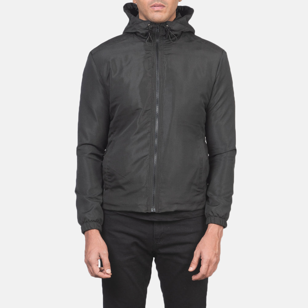 Close-Up Detail of High Neck with Hood & Zipper with wind flap Hardware on Men's Jimmy Black Hooded Windbreaker Jacket
