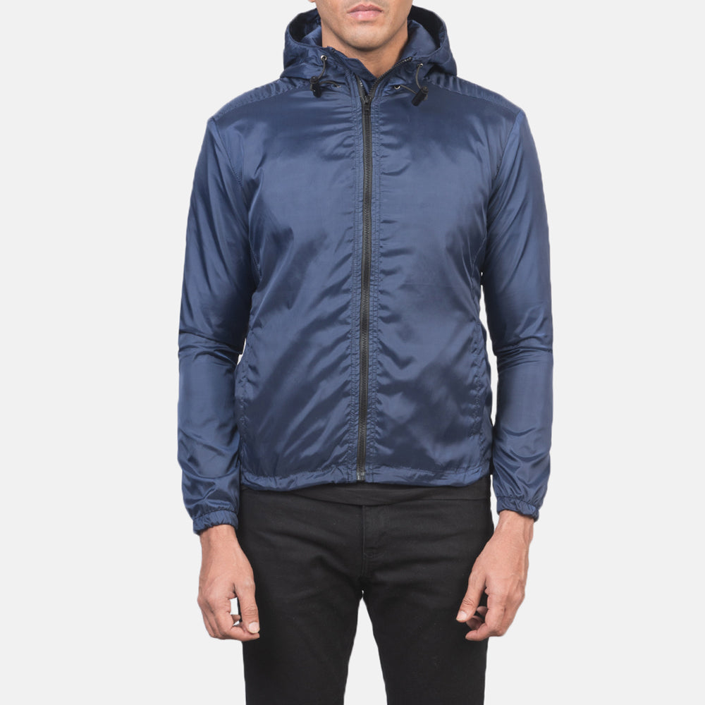Men's Jimmy Blue Hooded Windbreaker Jacket in Blue Nylon - Front Profile View &amp; Tailored Silhouette | Buy Online