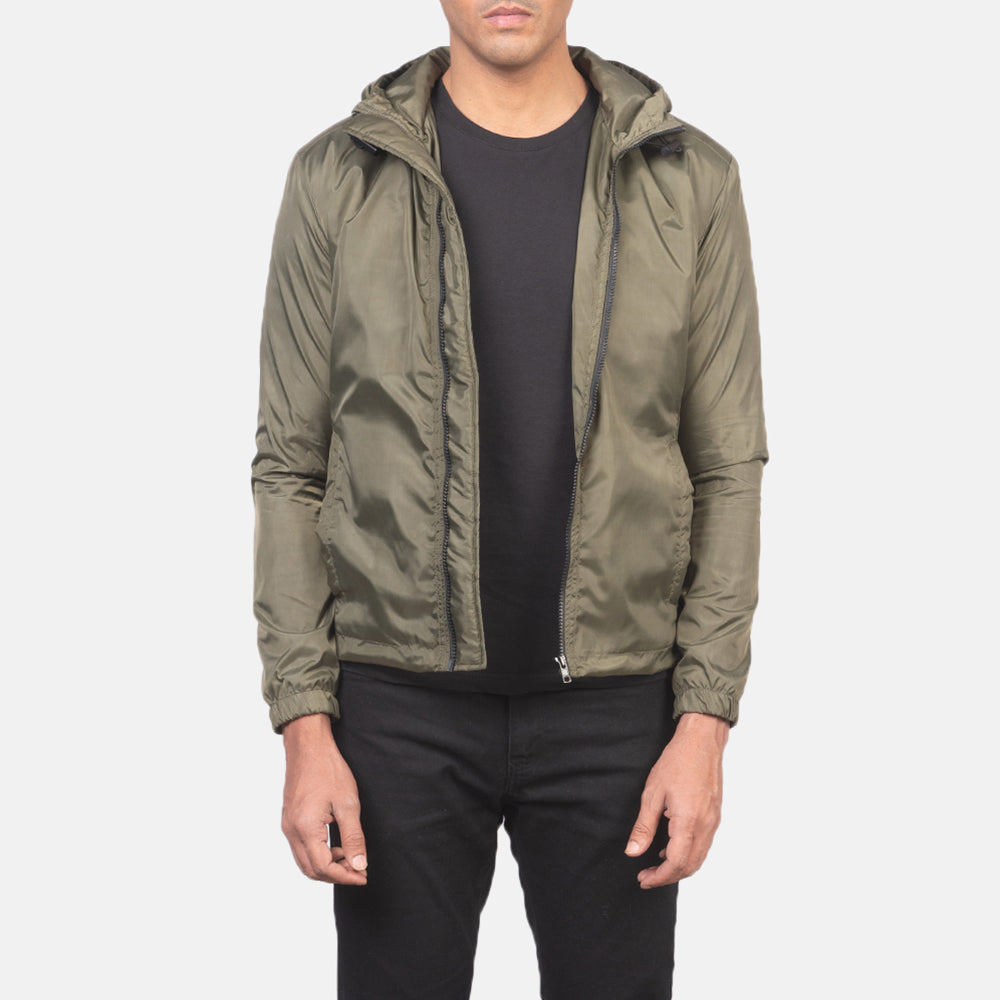 Men's Jimmy Green Hooded Windbreaker Jacket in Green Nylon - Front Profile View &amp; Tailored Silhouette | Buy Online