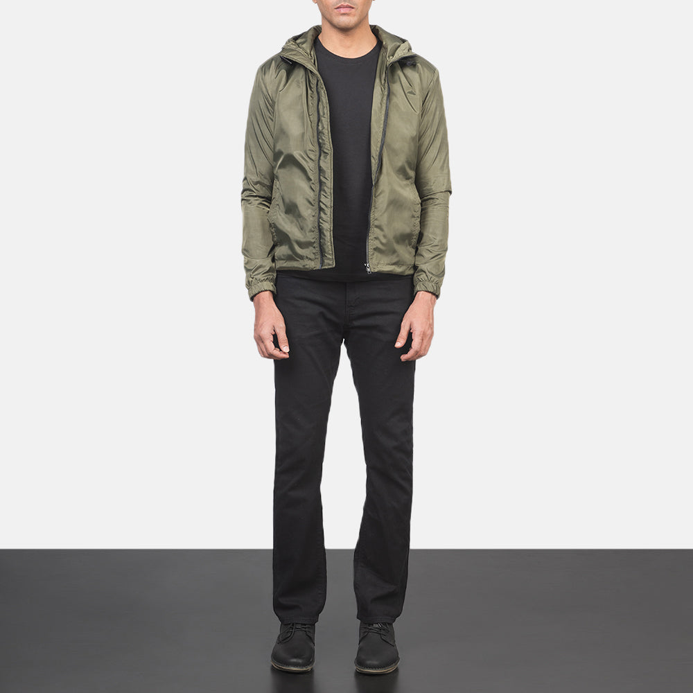 Men's Jimmy Green Hooded Windbreaker Jacket - Lateral Side Profile View Showing Sleeve Cut &amp; Athletic Taper Fit