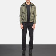 Men's Jimmy Green Hooded Windbreaker Jacket - Lateral Side Profile View Showing Sleeve Cut &amp; Athletic Taper Fit