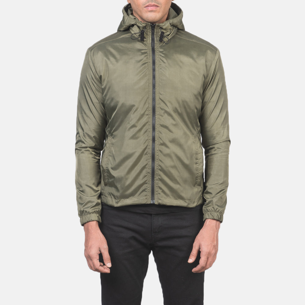 Close-Up Detail of High Neck with Hood &amp; Zipper with wind flap Hardware on Men's Jimmy Green Hooded Windbreaker Jacket