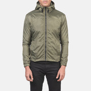 Close-Up Detail of High Neck with Hood &amp; Zipper with wind flap Hardware on Men's Jimmy Green Hooded Windbreaker Jacket