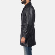 Close-Up Detail of Notch &amp; Button + Waist Belt Hardware on Men's Jordan Black Leather Coat