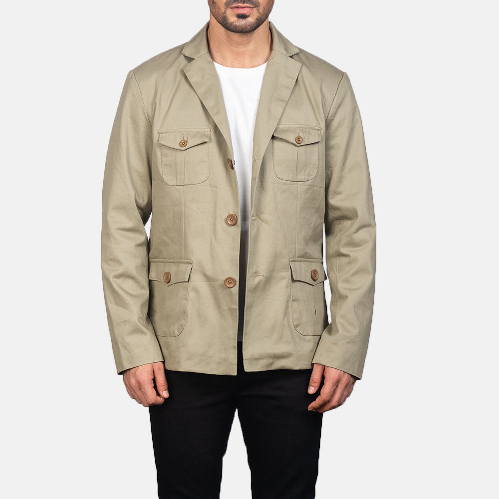 
Kajetan Beige Safari Jacket in Beige Poly-Cotton - Front Profile View & Tailored Silhouette | Buy Online