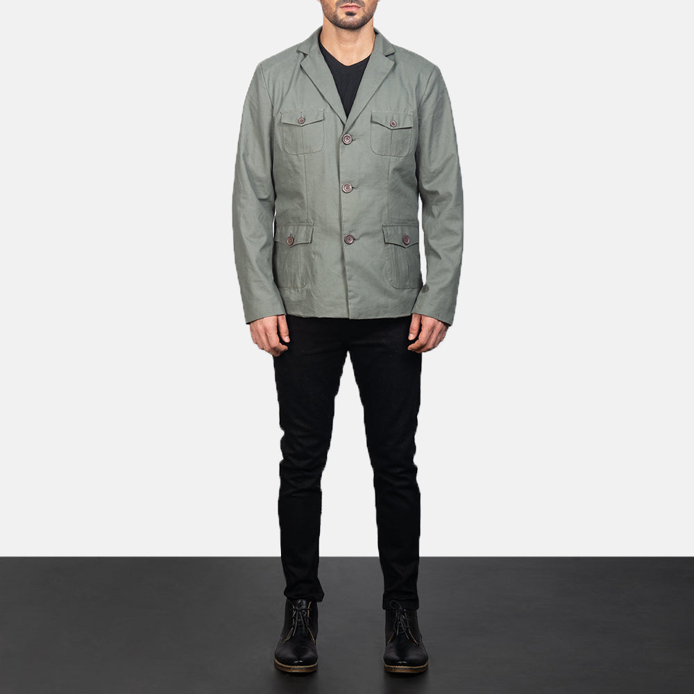 
Kajetan Grey Safari Jacket - Lateral Side Profile View Showing Sleeve Cut & Athletic Taper Fit