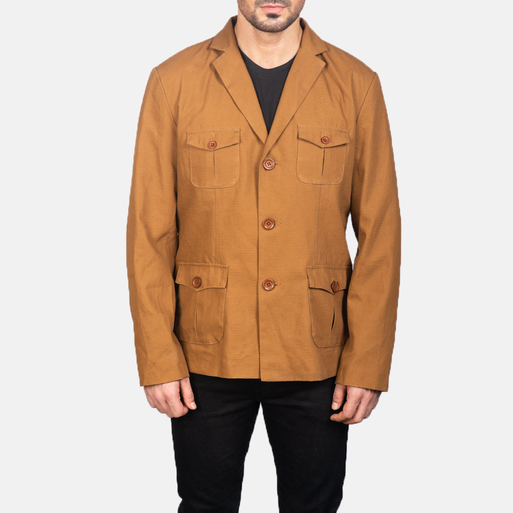 Close-Up Detail of Notch &amp; Button Hardware on Kajetan Khaki Safari Jacket