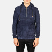 Tailored Rib Cuffs &amp; Hem Craftsmanship Construction Detail on Men's Kenton Hooded Blue Suede Pullover Jacket