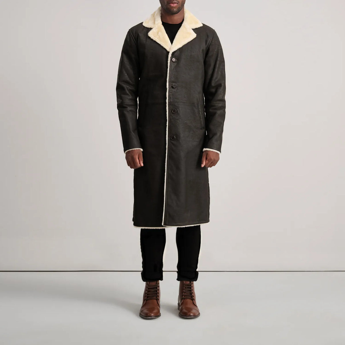 
Kolby Tumbled Brown Shearling Long Coat - Lateral Side Profile View Showing Sleeve Cut & Athletic Taper Fit