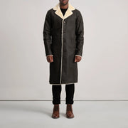 
Kolby Tumbled Brown Shearling Long Coat - Lateral Side Profile View Showing Sleeve Cut & Athletic Taper Fit