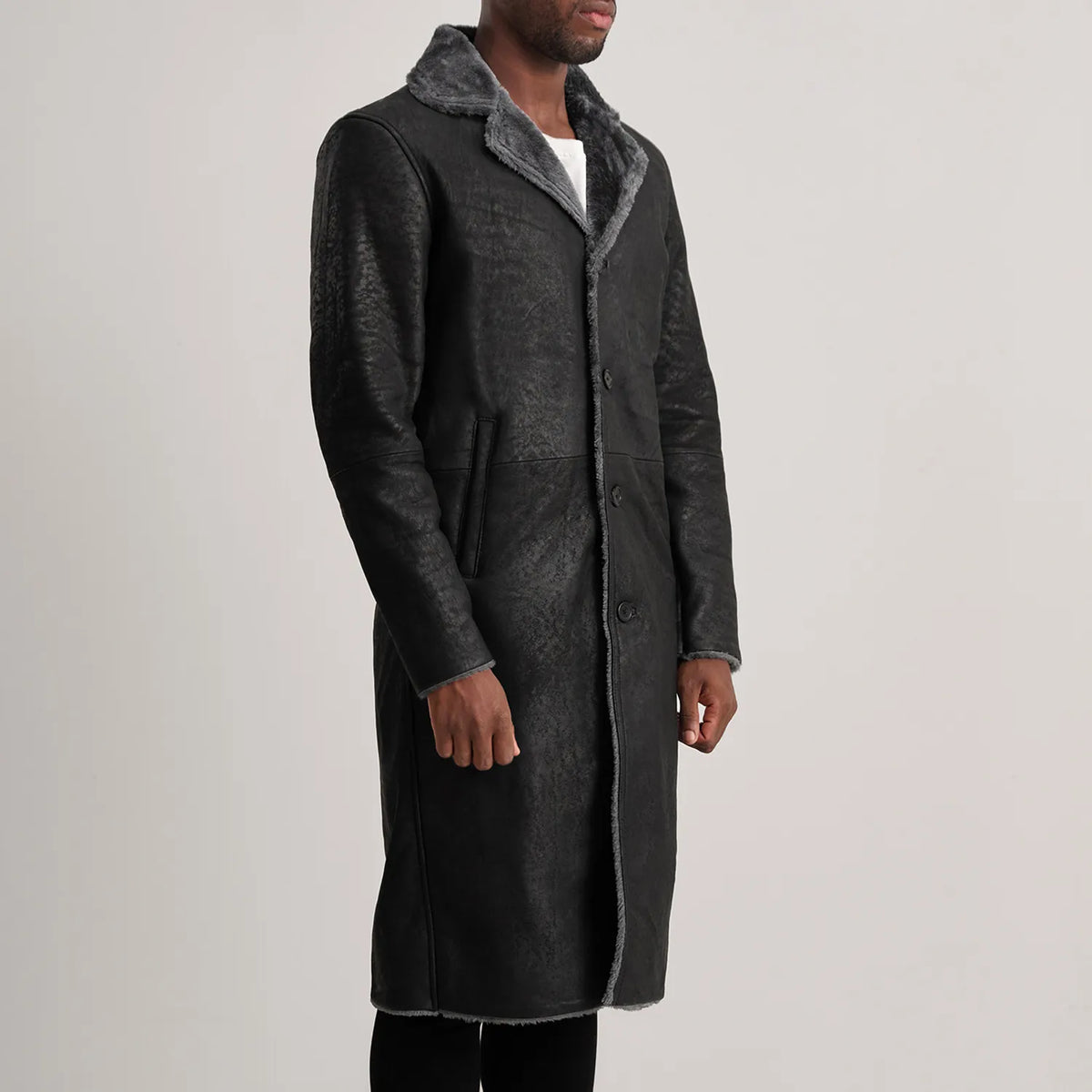 
Distressed Black Sheepskin Snuffed Aviator Jacket - Back View Showing Tailored Shoulder Fit & Clean Hemline