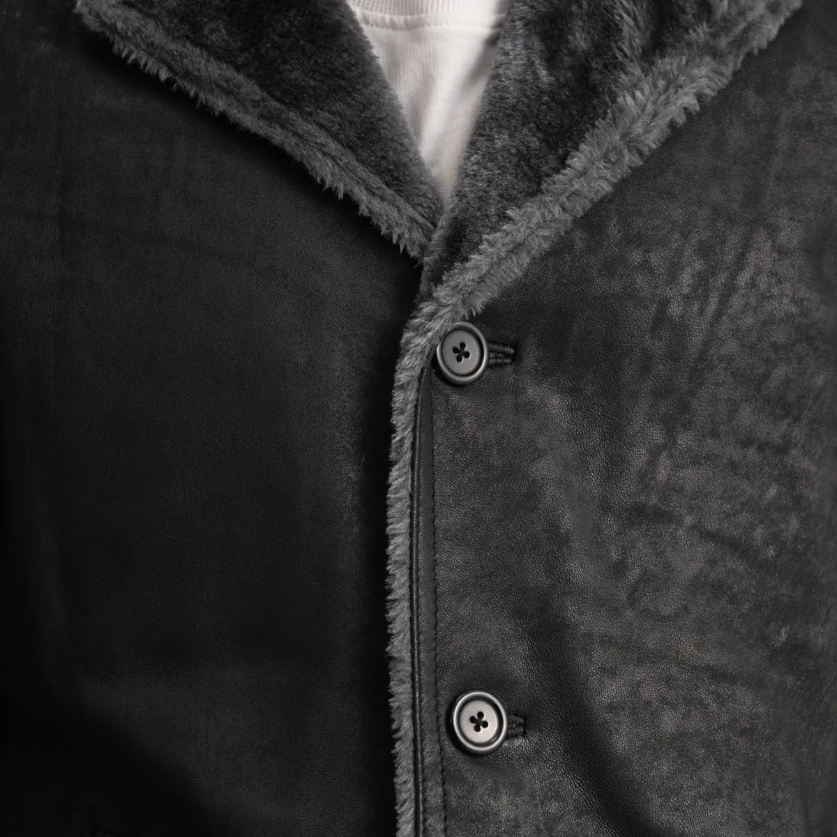 
Close-Up Detail of Notch & Button Hardware on Kolby Distressed Black Shearling Long Coat