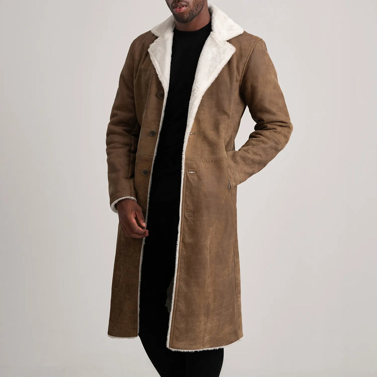
Kolby Distressed Brown Shearling Long Coat in Distressed Brown Sheepskin Snuffed - Front Profile View & Tailored Silhouette | Buy Online