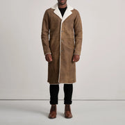 
Kolby Distressed Brown Shearling Long Coat - Lateral Side Profile View Showing Sleeve Cut & Athletic Taper Fit