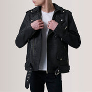 Kole Distressed Black Leather Double Rider Jacket in Distressed Black Sheepskin Snuffed - Front Profile View &amp; Tailored Silhouette | Buy Online