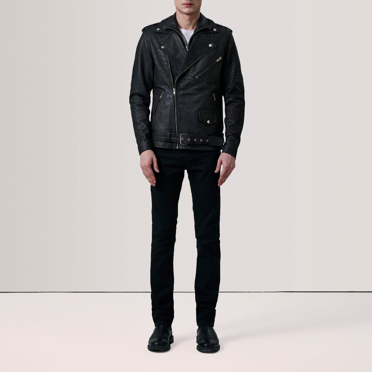 Distressed Black Sheepskin Snuffed Biker Jacket - Back View Showing Tailored Shoulder Fit &amp; Clean Hemline