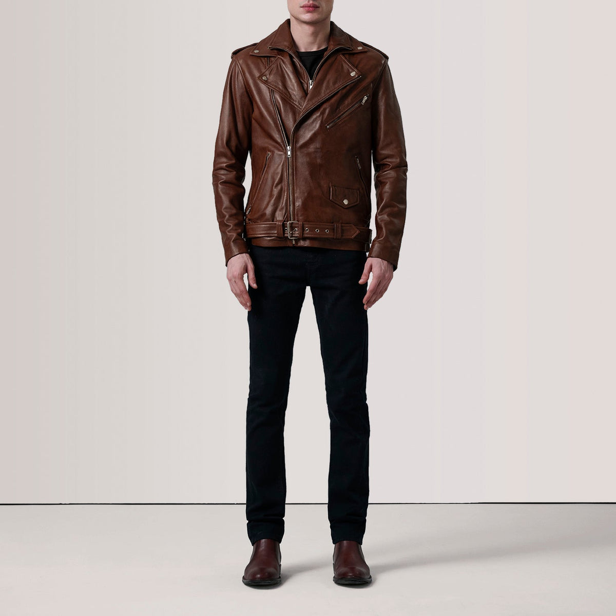 
Distressed Brown Sheepskin Burnished Biker Jacket - Back View Showing Tailored Shoulder Fit & Clean Hemline