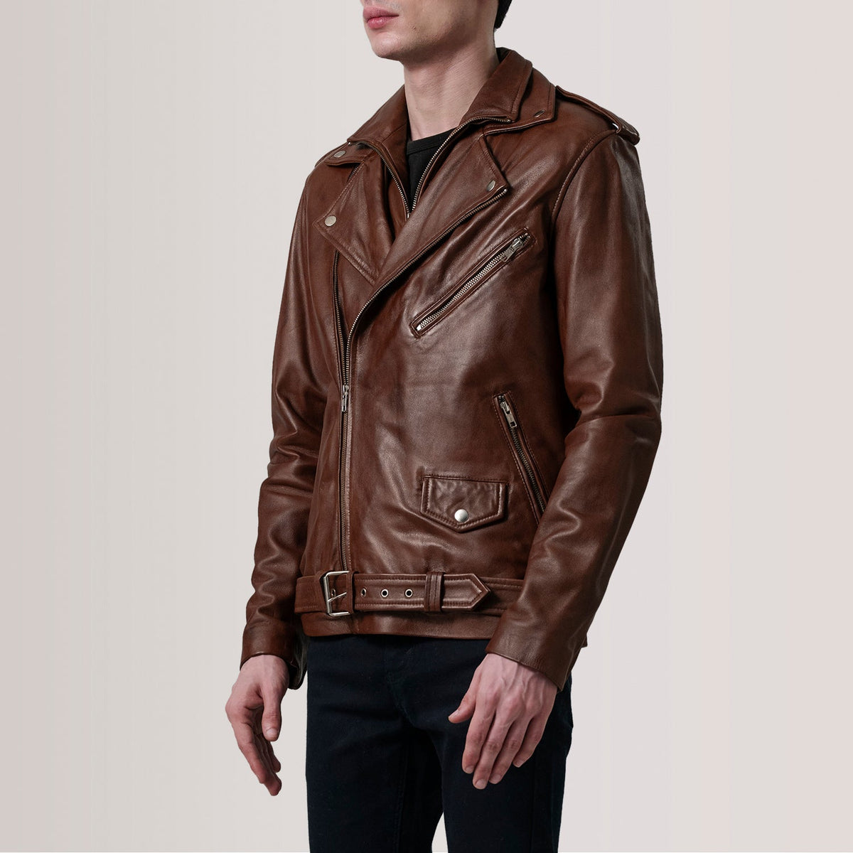 
Kole Waxed Brown Leather Double Rider Jacket - Lateral Side Profile View Showing Sleeve Cut & Athletic Taper Fit