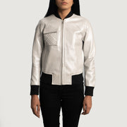 Silver Sheepskin Leather Bomber Jacket - Back View Showing Tailored Shoulder Fit &amp; Clean Hemline