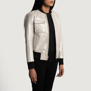 Women's Lana Silver Leather Bomber Jacket - Lateral Side Profile View Showing Sleeve Cut &amp; Athletic Taper Fit