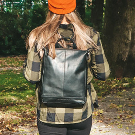 Classic 100% Full-Grain leather Backpack - Rear Perspective Showing Reinforced Leather Straps & Stitching