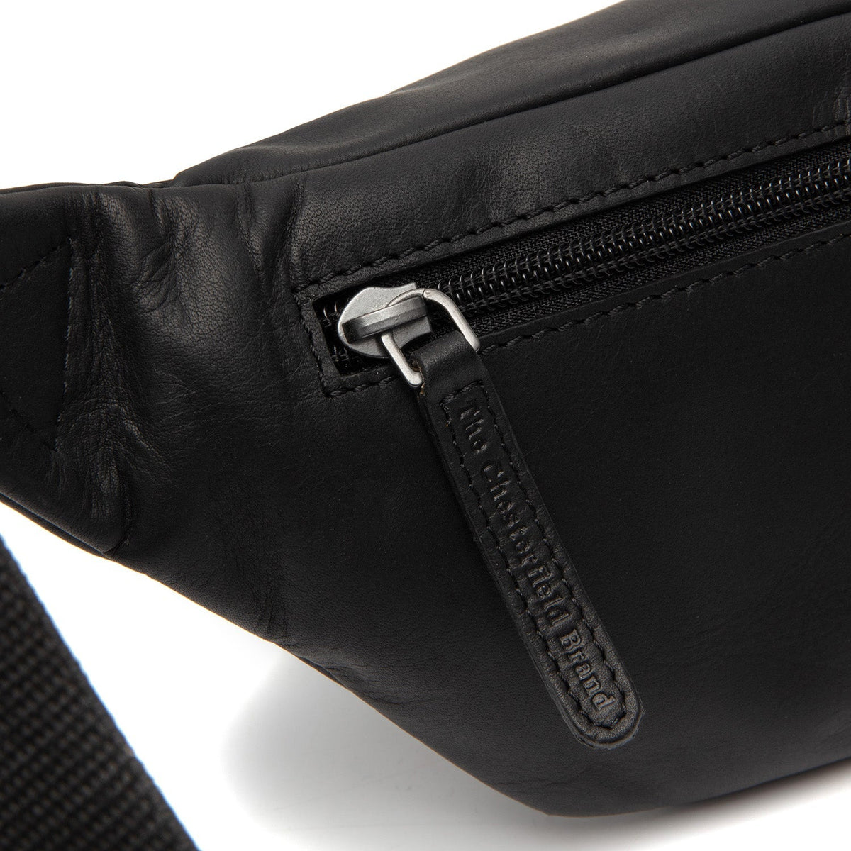 Solid Antique Brass Hardware &amp; Heavy-Duty Dual Zipper Detail on Brana Full-Grain Leather Belt Bag