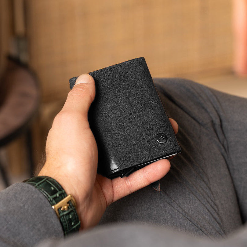 Classic 100% Full-Grain Leather Card Holder - Rear Perspective Showing Reinforced Leather Straps &amp; Stitching