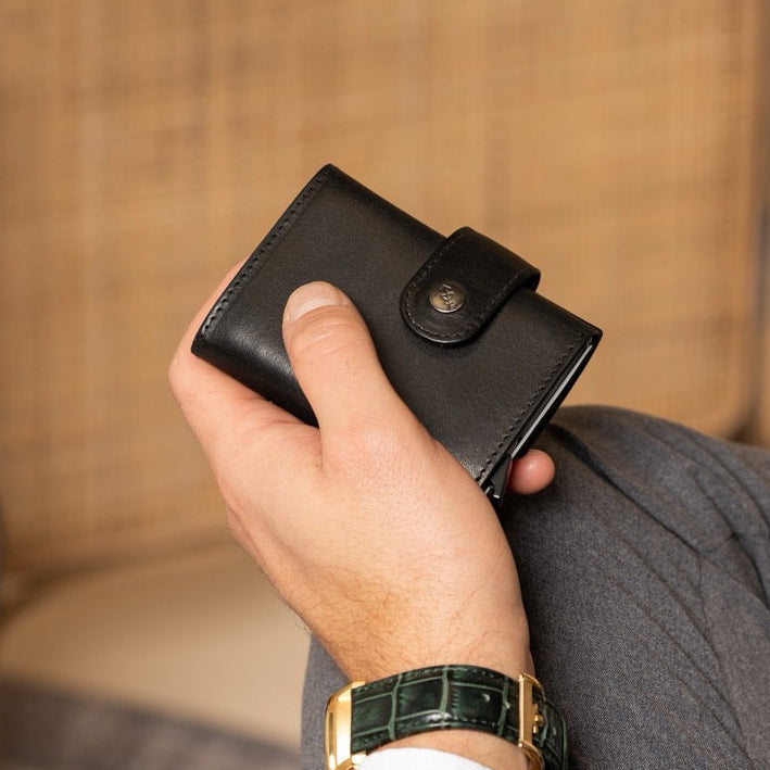 Classic 100% Full-Grain Leather Card Holder - Rear Perspective Showing Reinforced Leather Straps &amp; Stitching