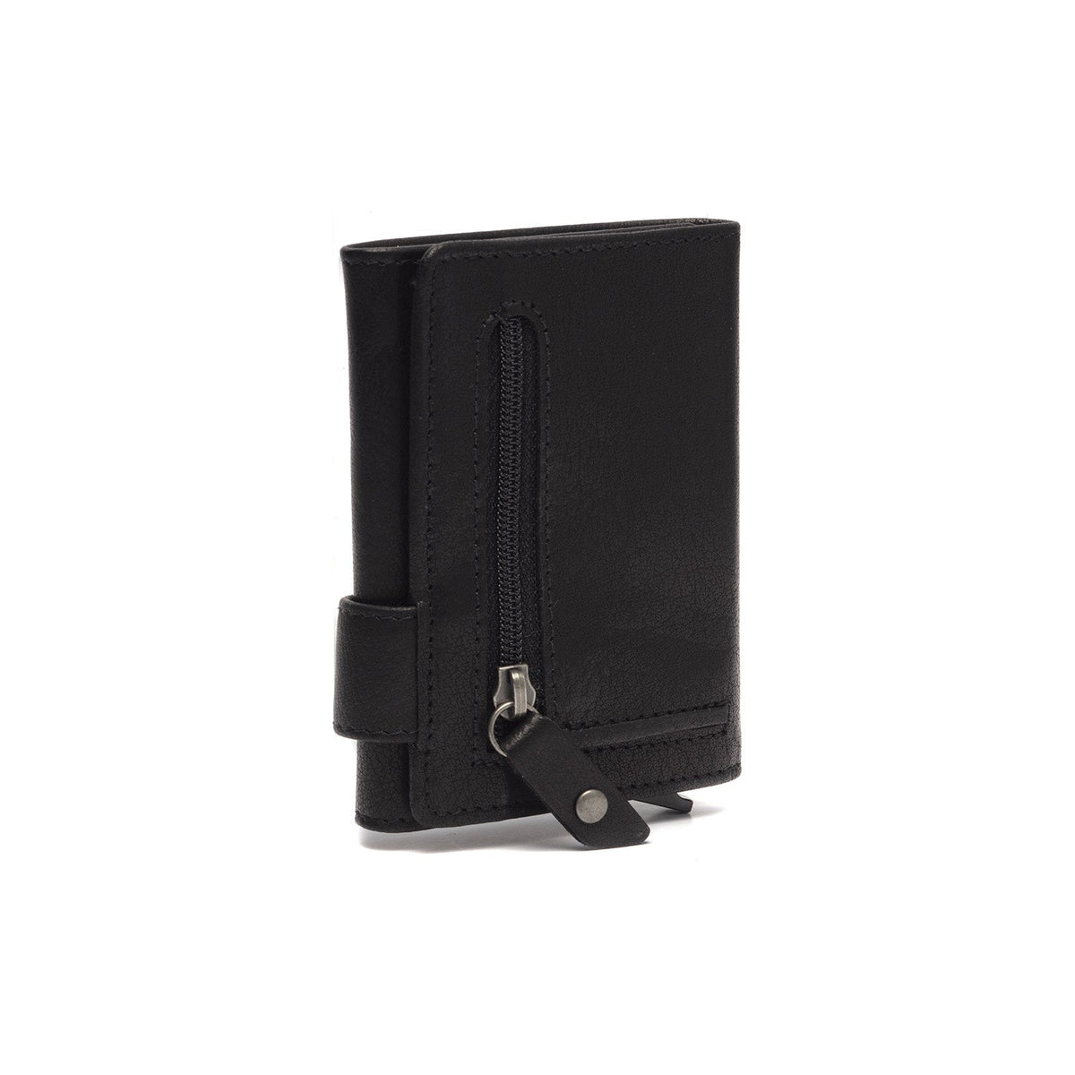 
Solid Antique Brass Hardware & Heavy-Duty Dual Zipper Detail on Portland Full-Grain Leather Card Holder