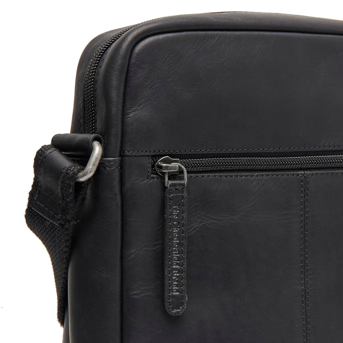 Solid Antique Brass Hardware &amp; Heavy-Duty Dual Zipper Detail on Anzora Full-Grain Leather Crossbody Bag