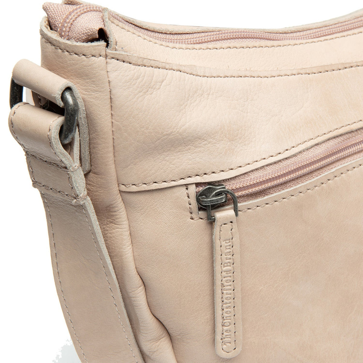 Solid Antique Brass Hardware &amp; Heavy-Duty Dual Zipper Detail on Clarita Full-Grain Leather Crossbody Bag