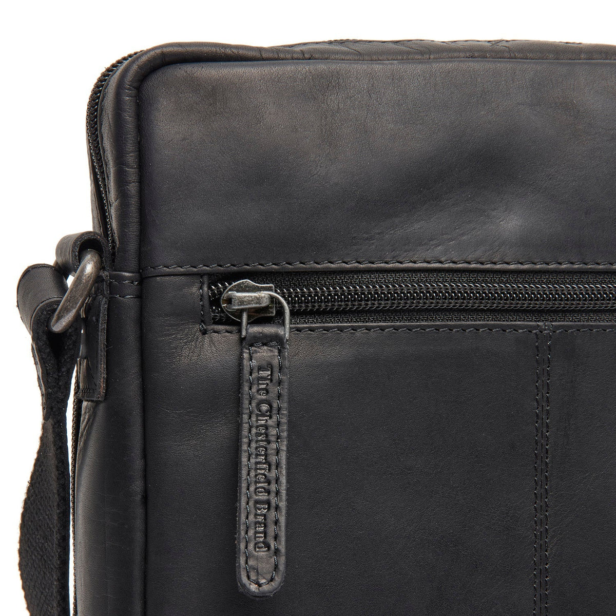 Solid Antique Brass Hardware &amp; Heavy-Duty Dual Zipper Detail on Montira Full-Grain Leather Crossbody Bag
