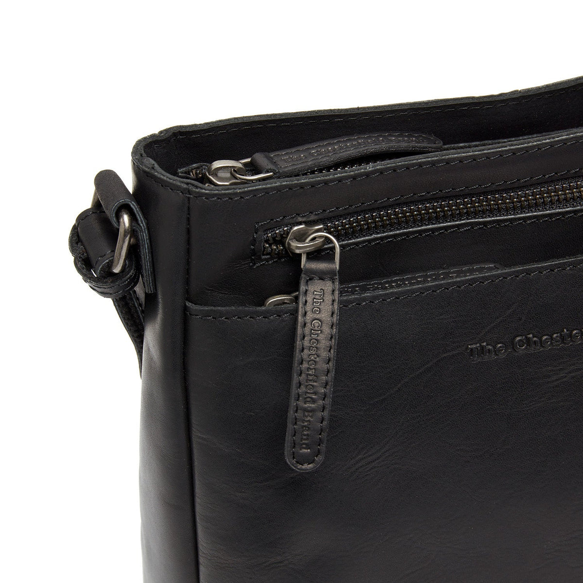 Solid Antique Brass Hardware &amp; Heavy-Duty Dual Zipper Detail on Mumbai Full-Grain Leather Crossbody Bag