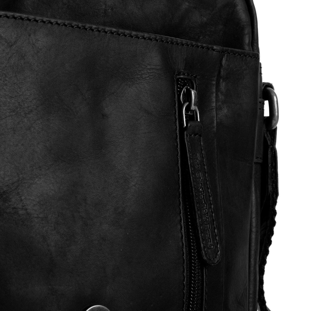 Solid Antique Brass Hardware &amp; Heavy-Duty Dual Zipper Detail on Remy Full-Grain Leather Crossbody Bag