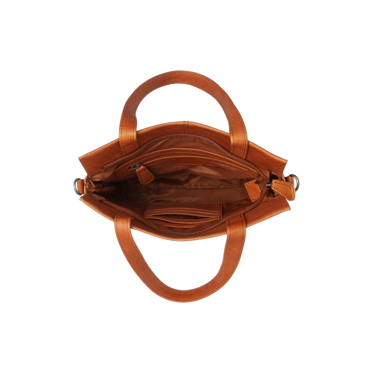 Close-Up Detail of Classic Collar &amp; Heavy-Duty Zipper Hardware on Rivington Full-Grain Leather Handbag