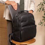Austin Full-Grain Leather Laptop Backpack - Structured Side Profile Showing Gusset Depth &amp; Expansion Capacity