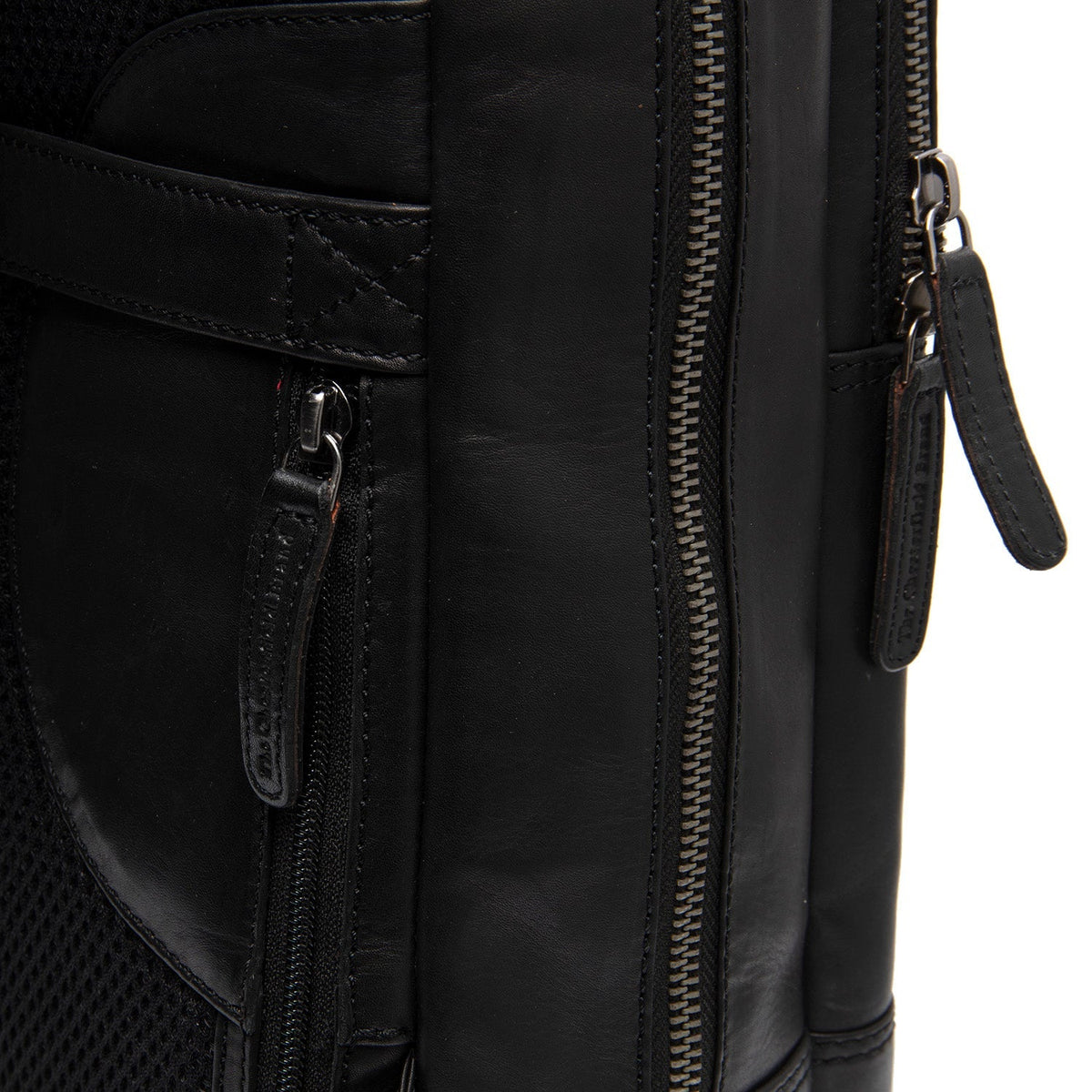 Solid Antique Brass Hardware &amp; Heavy-Duty Dual Zipper Detail on Nicola Full-Grain Leather Laptop Backpack