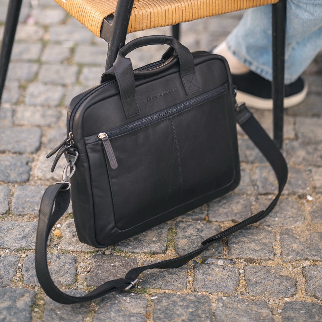 Classic 100% Full-Grain leather Briefcase - Rear Perspective Showing Reinforced Leather Straps &amp; Stitching
