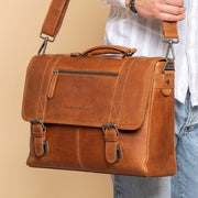 Classic 100% Full-Grain leather Briefcase - Rear Perspective Showing Reinforced Leather Straps &amp; Stitching