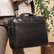 Classic 100% Full-Grain leather Briefcase - Rear Perspective Showing Reinforced Leather Straps &amp; Stitching