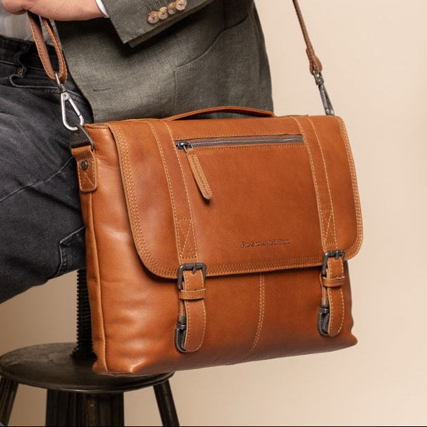 Classic 100% Full-Grain leather Briefcase - Rear Perspective Showing Reinforced Leather Straps &amp; Stitching