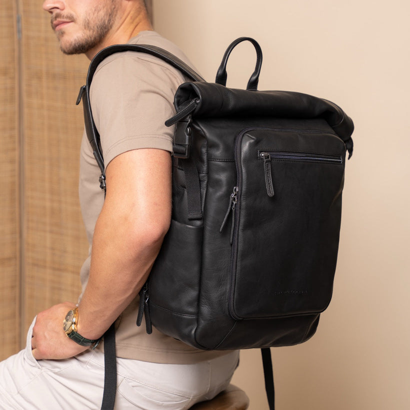 Classic 100% Full-Grain leather Backpack - Rear Perspective Showing Reinforced Leather Straps & Stitching
